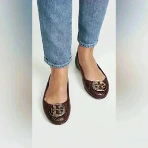 Tory Burch Women's Quilted Minnie Flats, Port, Red, Purple, 7.5M